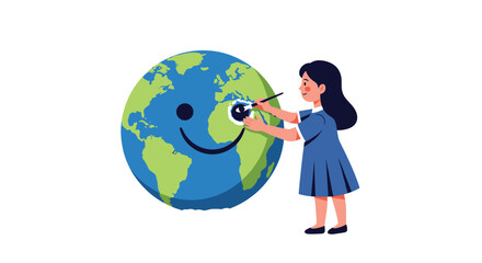 Fototapeta premium Little girl painting a happy smiling face on a cartoon globe of the earth to represent environmental awareness and care.
