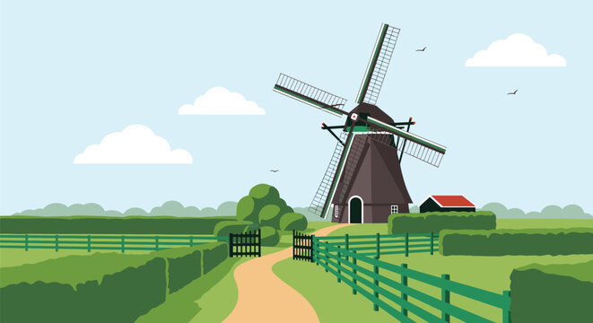 Traditional tall Dutch windmill standing in a flat green rural landscape with a path leading towards the structure under a blue sky.