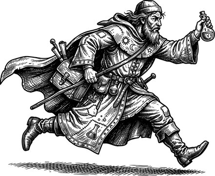 Medieval alchemist running while holding a glass potion flask