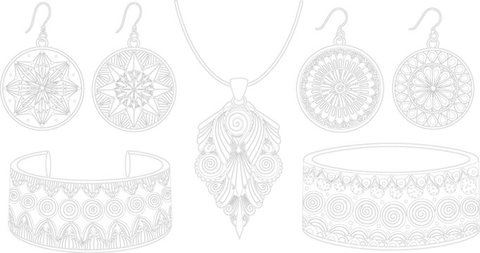 Handcrafted Bohemian Jewelry Set with Mandala Pattern Earrings, Leaf Pendant Necklace, and Decorative Bangles in Black and White Line Art for Fashion Designs
