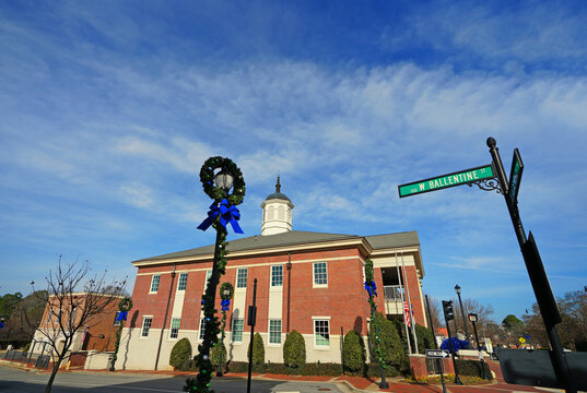 Holly Springs Town Hall in downtown Holly Springs decorated for Christmas , in Wake County North Carolina