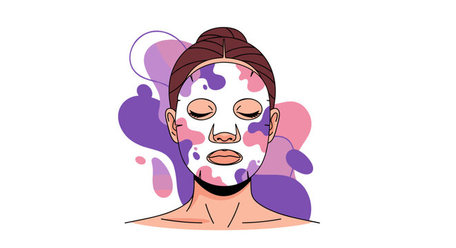 Illustration of a woman with closed eyes wearing a colorful sheet mask, surrounded by abstract purple and pink shapes on a white background