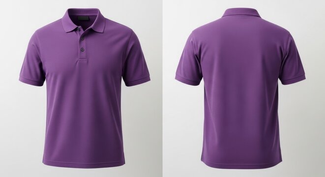 Front and back view of a purple polo shirt with two buttons on a white background