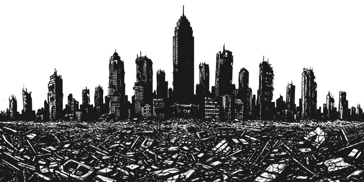Black and white silhouette of a destroyed city skyline with building ruins and debris
