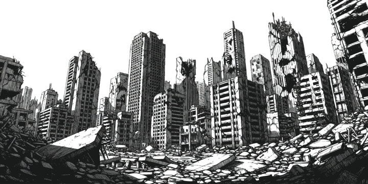Ruined city buildings with rubble in a post apocalyptic landscape black and white illustration