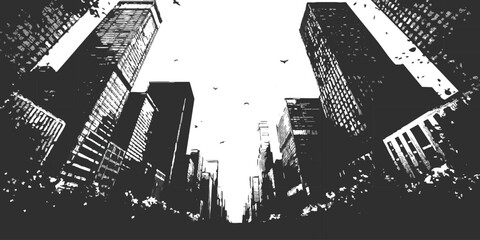 Low angle view of tall city skyscrapers looking up at the sky in black and white © ZenVectors