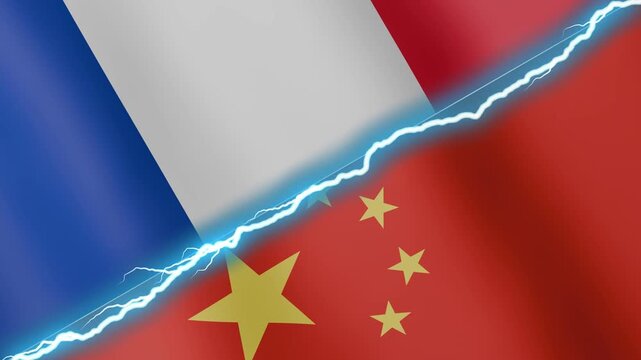 Two waving flags France and China with diagonal lightning seamless, 4k loop