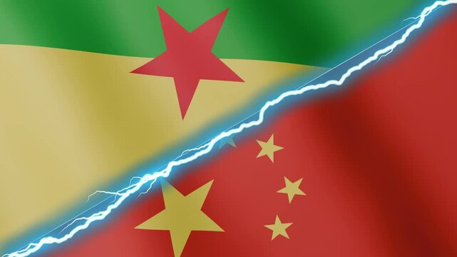 Two waving flags French Guiana and China with diagonal lightning seamless, 4k loop