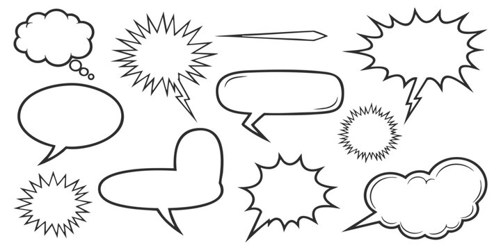 Set of hand drawn comic speech bubbles and thought balloons for dialogue