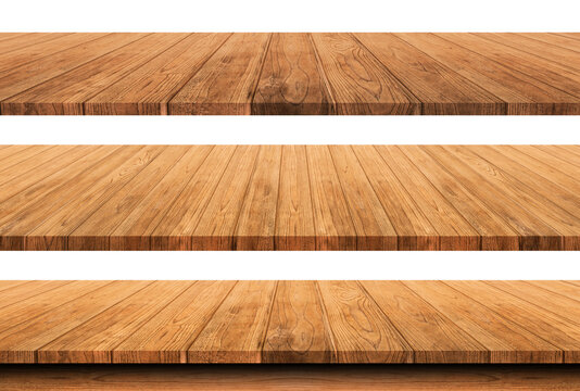 Set of wooden table isolated on white background. Empty shelf with focus to the table top in the foreground