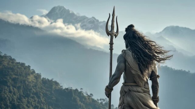 Shiva stand with a trident, gazing at tall mountains covered in clouds. The sun sets behind the peaks, creating shadows on the hills in the distance.