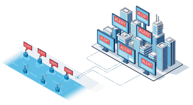 Isometric Illustration of a Smart City Flood Monitoring and Early Warning System with Water Sensors and Alert Notifications on Screens