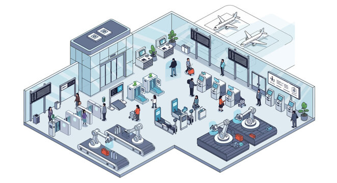 Futuristic Isometric Airport Terminal with Automated Baggage Handling, Robotic Security Systems, and Self-Service Kiosks for Modern Smart Travel Technology Concept