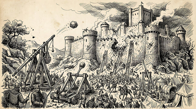 Medieval castle siege with trebuchets and soldiers ancient city pen and ink medieval trebuchet military fortress illustration architecture strategy catapult defender attacker fortificatio