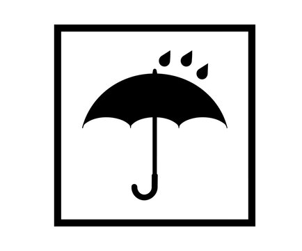 Vector black packaging warning label: keep dry icon with umbrella and rain drops.