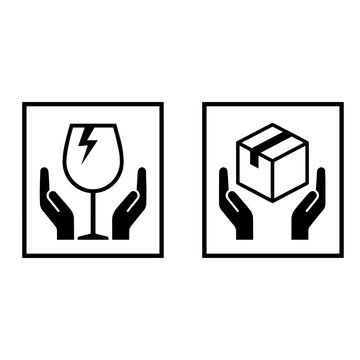 Vector set of black packaging warning labels: fragile broken glass and handle with care parcel icons.