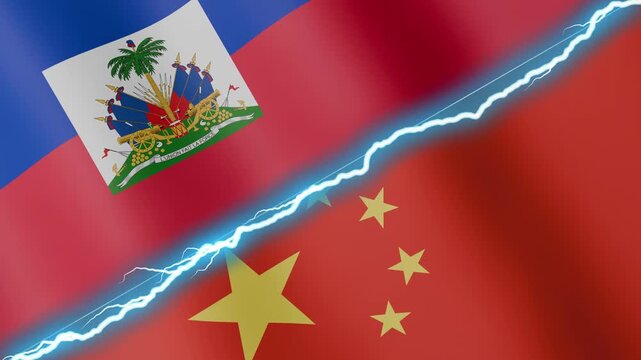 Two waving flags Haiti and China with diagonal lightning seamless, 4k loop