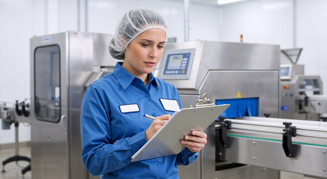 Female factory worker inspecting production line. Quality control inspector writing on a clipboard