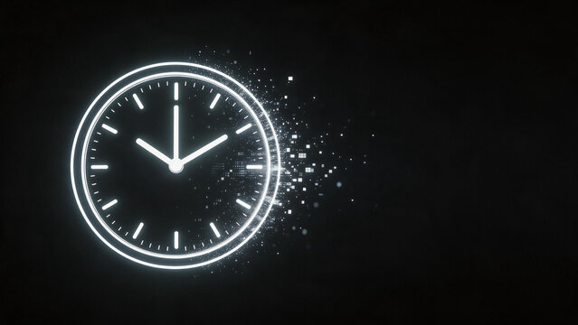 Glowing 3D clock dissolving into digital particles on dark background, time management and business deadline concept.