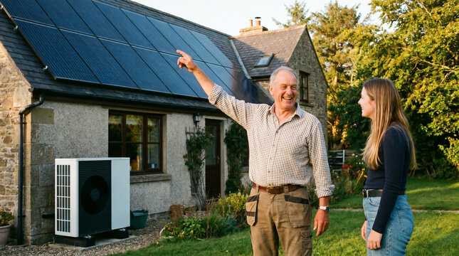 Senior man showing solar panels on stone house roof to young woman with heat pump in yard