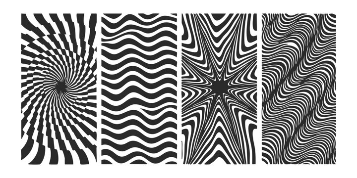 Set of four abstract black and white optical illusion patterns with wavy and geometric lines