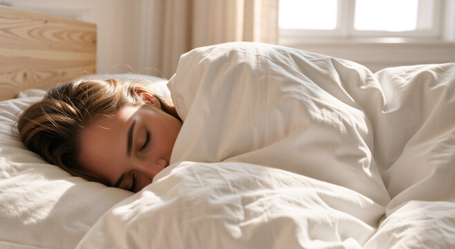 Young woman sleeping in a comfortable bed. Morning sunlight on a person resting under a white duvet
