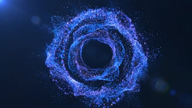 Abstract particle vortex swirling in space with blue and purple bokeh, digital tunnel visual