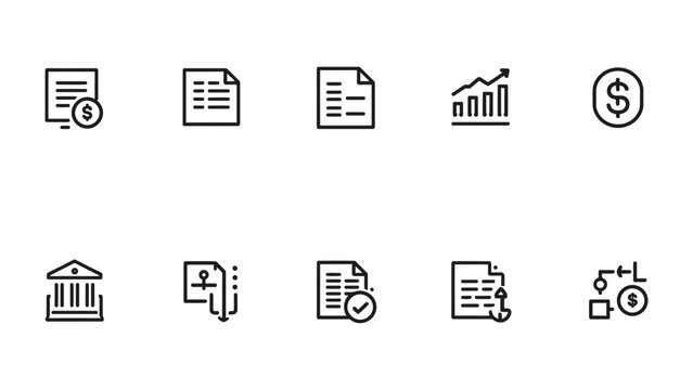 Financial Icons: A collection of concise line art icons representing various financial concepts and tools. Perfect for illustrating banking, commerce, and money-related topics.