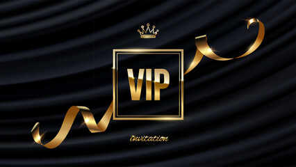 VIP invitation background. Gold frame with golden silk ribbon and text VIP on black curtain backdrop with soft light rays. Elegant luxury vector illustration for event, party, ceremony, celebration. © backup16