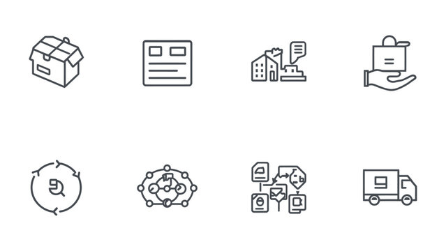 E-commerce Icon Set: A collection of simple, minimalistic line icons that capture the essence of online commerce, from package delivery to data exchange, ideal for digital design projects.