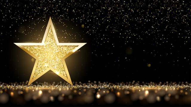 Golden award stage with glowing star and shimmering confetti. Gold stage with glitter and lights on dark for winner ceremonies, premium product displays. Luxury vector illustration.