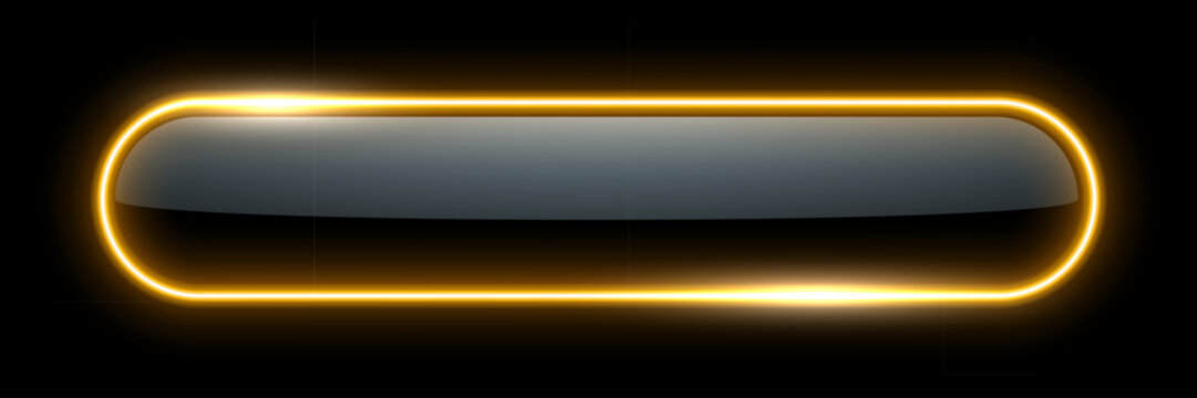 Neon glow light rounded rectangle frame. Led rectangular game button. Yellow light outline on black with soft luminous effect. Futuristic UI element. Modern colorful geometric vector illustration.