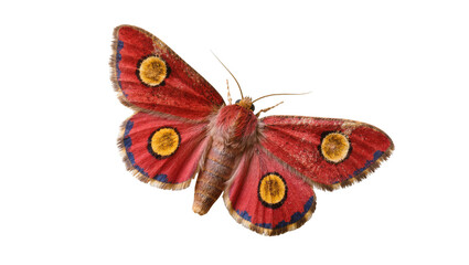 Red brown speckled moth with yellow eye spots and fuzzy body © Marigold