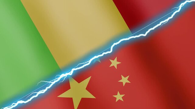 Two waving flags Mali and China with diagonal lightning seamless, 4k loop