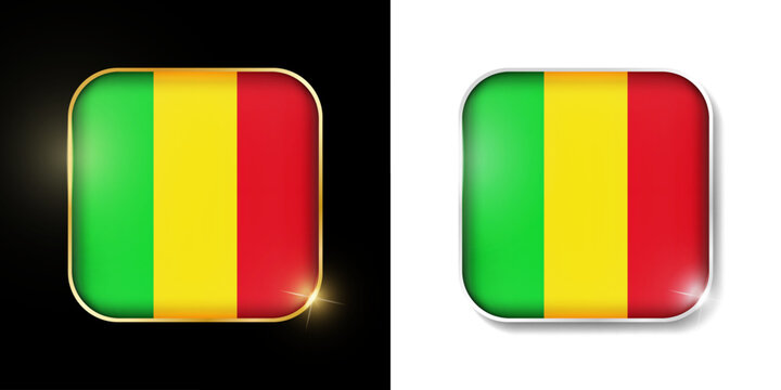 Mali flag shiny golden and silver icons isolated on black and white. Vector 3D square rounded illuminated buttons with shadow. Use for bets, tournament, sport games