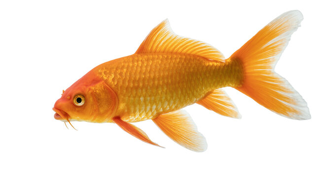 Golden fancy goldfish swimming side view with flowing fins