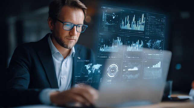 businessman analyzing customer behavior, laptop dashboard, AI overlay