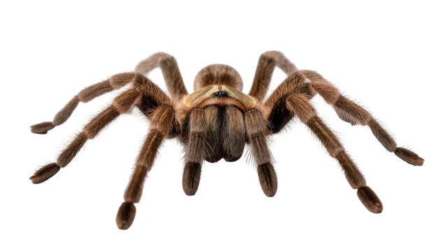 Brown hairy tarantula with eight legs facing forward