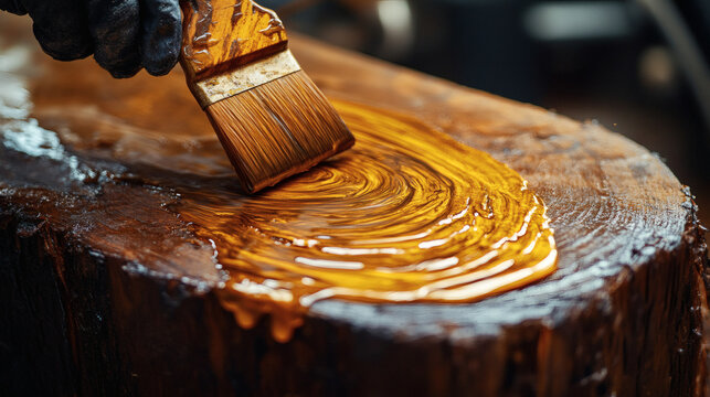 Close up of a brush applying rich amber stain to a rough wooden log surface capturing the glossy sheen and swirling texture as the finish penetrates the grain for a deep natural wood transformation