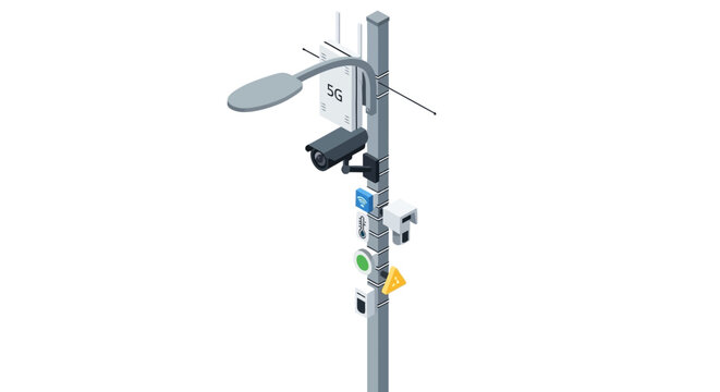 Smart City Infrastructure Isometric Illustration with 5G Antenna, Security CCTV Camera, Wi-Fi, and IoT Sensors for Urban Development