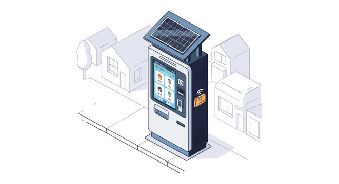 Isometric Smart Parcel Delivery Kiosk with Solar Panel in a Residential Neighborhood, Sustainable Logistics and Automated Package Locker Concept