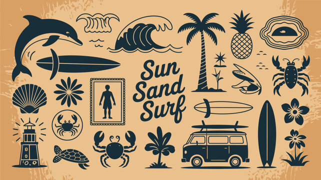 A vintage style collection of summer icons dolphins surfboards and tropical elements