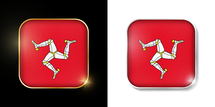 Isle of Man flag shiny golden and silver icons isolated on black and white. Vector 3D square rounded illuminated buttons with shadow. Use for bets, tournament, sport games