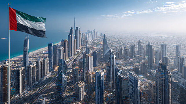 UAE Flag Waving Over Abu Dhabi Skyline with Modern Skyscrapers and Waterfront View