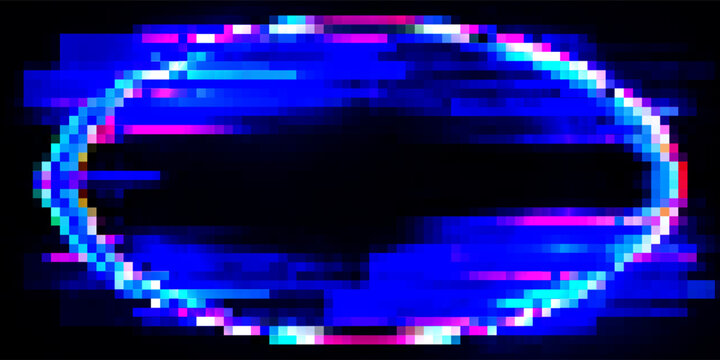 Glitch frame ring with bug distortion and cyan red digital artifacts for futuristic interface. Circular border with noise lines and data corruption effects. Cyberpunk design for tech game overlays.