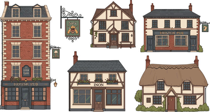 Charming British Pubs and Traditional Houses Set with Thatched Roofs, Pub Signs, and Rustic Architecture for Village and Countryside Illustrations