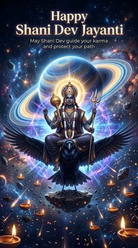 Lord shani dev seated majestically on black crow vahana amidst cosmic nebula planets and glowing