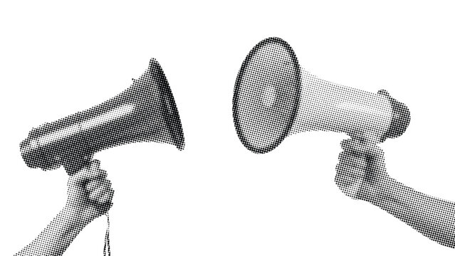 Black and white sketch of two megaphones facing each other communication concept