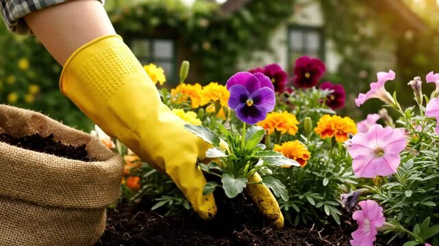 Gardener in yellow gloves planting a vibrant purple pansy flower in a blooming flowerbed garden