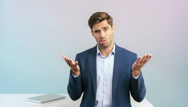 Uncertainty in Business: A businessman in a suit stands with his hands outstretched, palms up, in a gesture of confusion or uncertainty, conveying a moment of doubt or indecision.